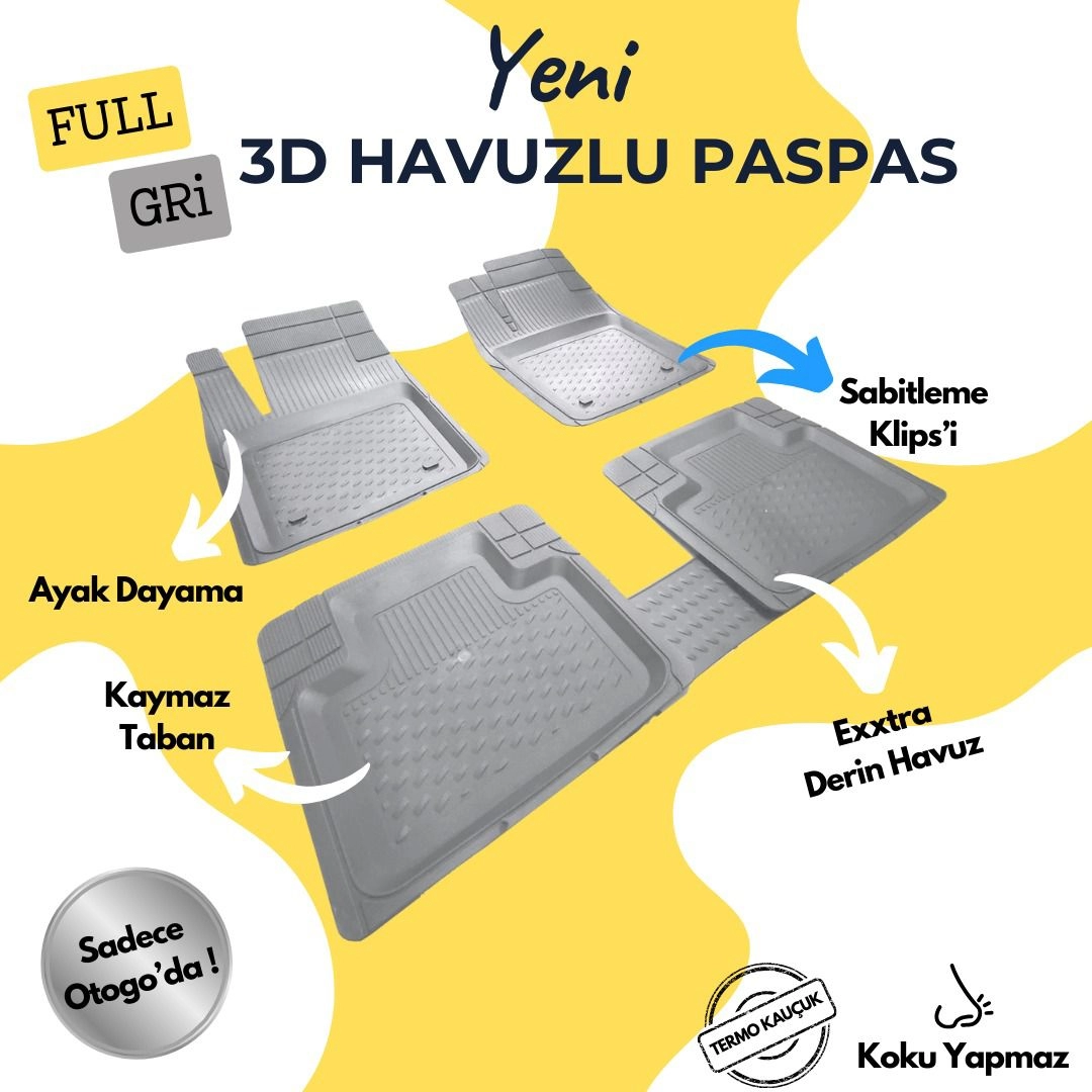 Peugeot 206 2022 Havuzlu Paspas Full Gri Universal Kesilebilir