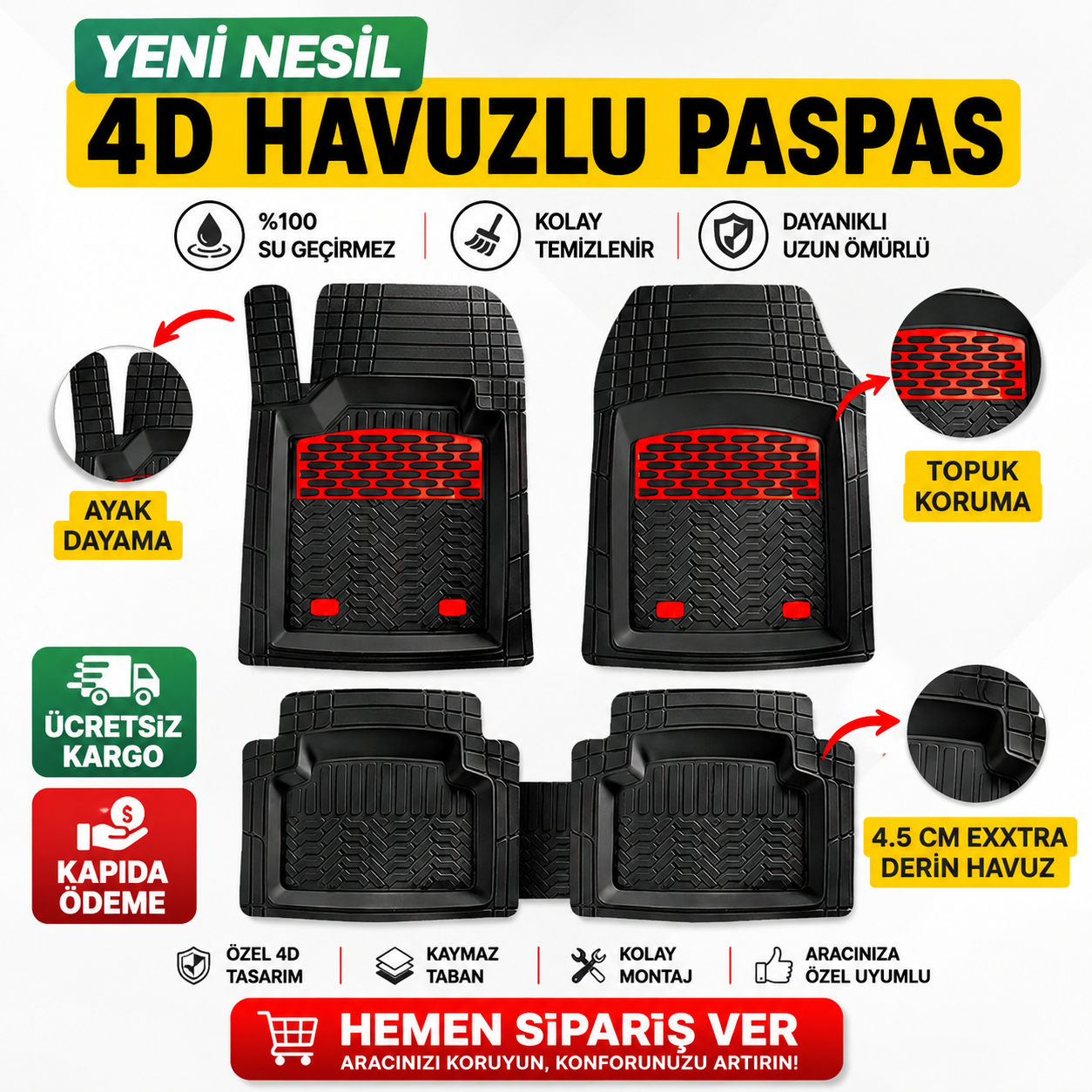 Audi A3 2020 Sonrası 4D Havuzlu Paspas Kırmızı